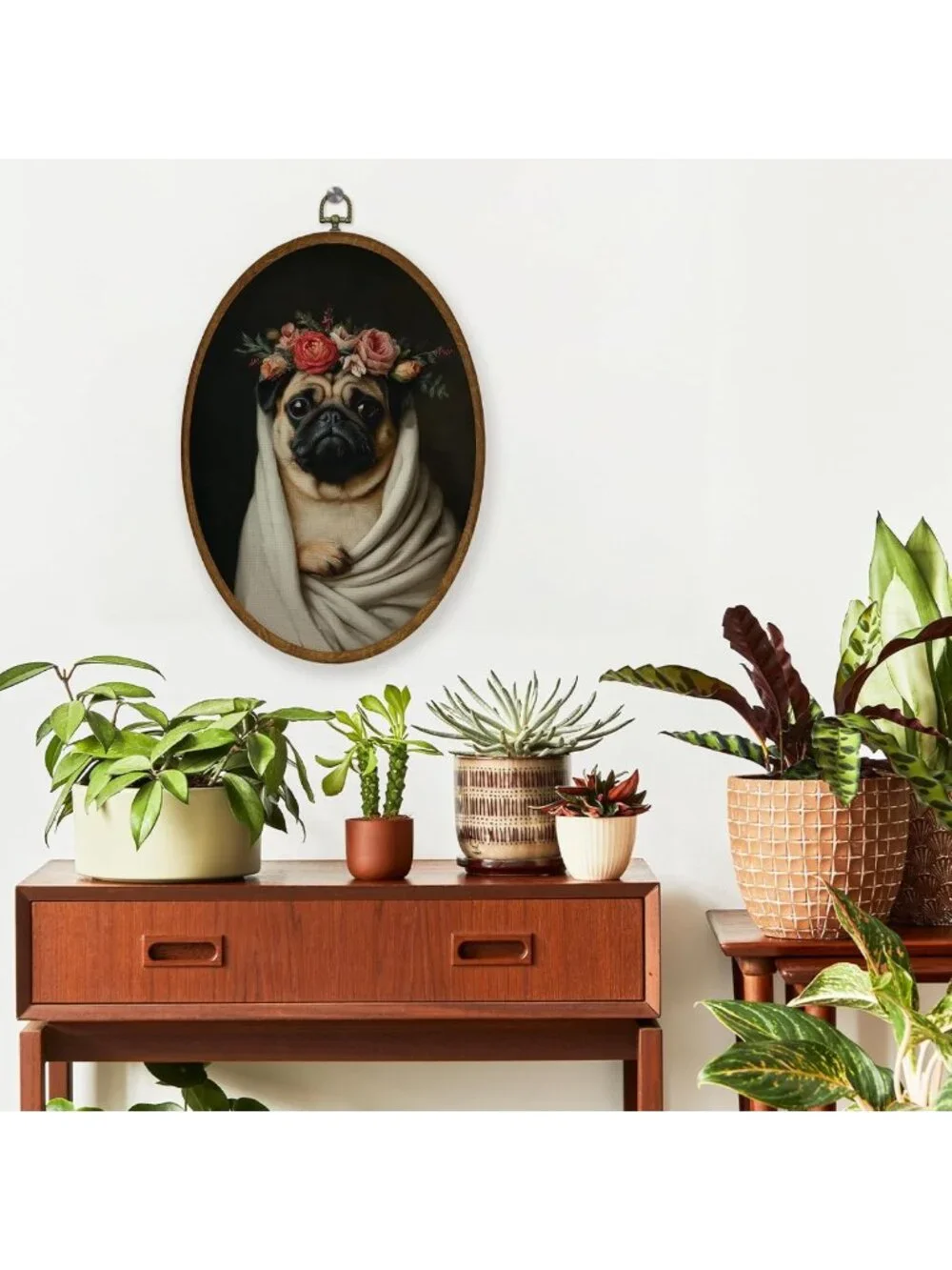 Funny Pug Floral Wall Art Decor | Oval Framed Canvas Print for Dog Lovers